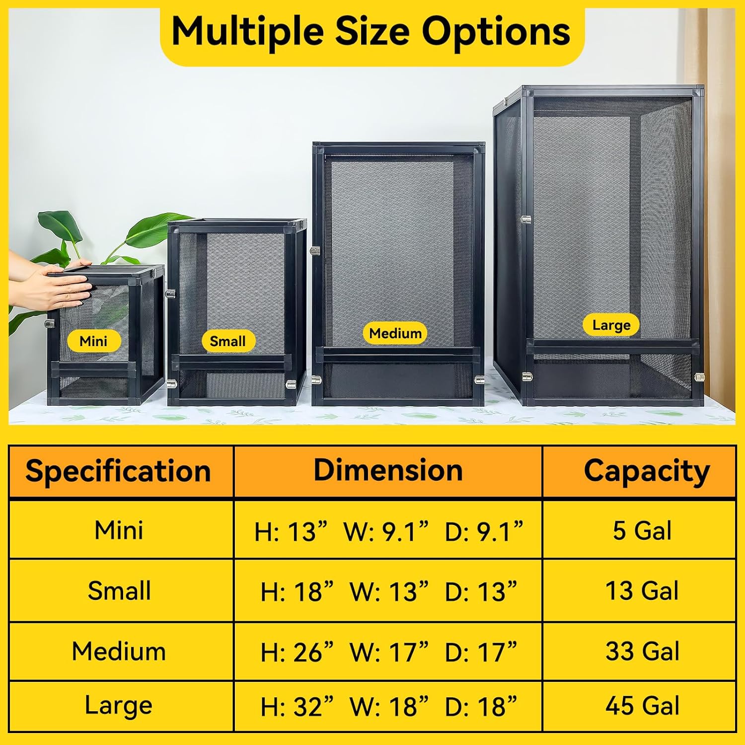 45 Gallon 360° Panoramic Foldable Reptile Terrarium Kit: Crested Gecko Tank and Reptile Cage for Superior Ventilation, Easy Feeding, Sturdiness, and Simple Assembly (Black, 32"x18"x18")