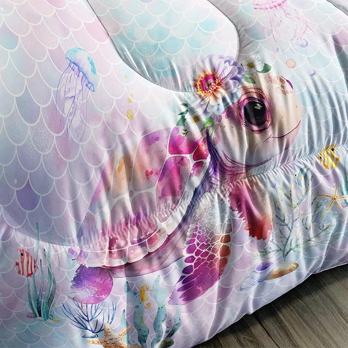 Axolotl Turtle Bedding Set Full,Colorful Underwater World Comforter Set for Kids Boys Girls Teens,Ocean Comforter Set with Jellyfish,Kids Bedding Set Print Colorful Fish Scales,1 Quilt 2 Pillowcases