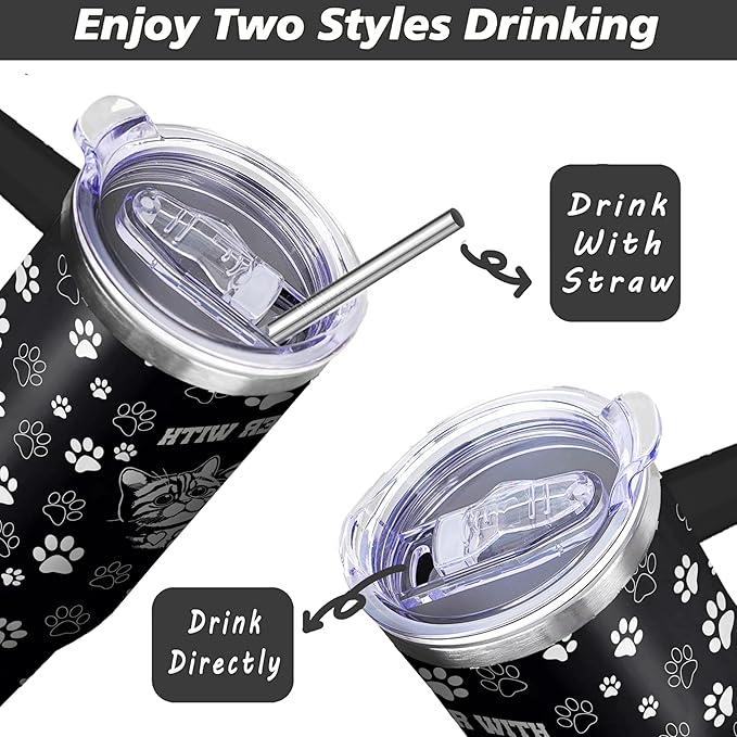 40 Oz Black Cat Tumbler With Handle and Straw, Double Wall Stainless Steel Insulated Mug for Cat Lovers, Mom or Dad - Cups Gifts for Women