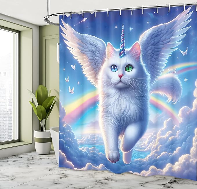 Ambesonne Cat Shower Curtain, Pegasus Like White Kitty with a Unicorn Horn Flying Over Clouds Rainbows Sky, Cloth Fabric Bathroom Decor Set with Hooks, 69" W x 75" L, Azure Blue Pale Pink