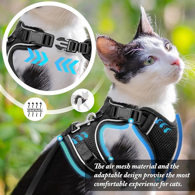 Cat Harness, Cat Car Harness and Leash for Walking, Escape Proof Soft Adjustable Vest Harnesses for Cats, Easy Control Breathable Reflective Strips Harness, Kitten Harness and Leash Set, Black, S