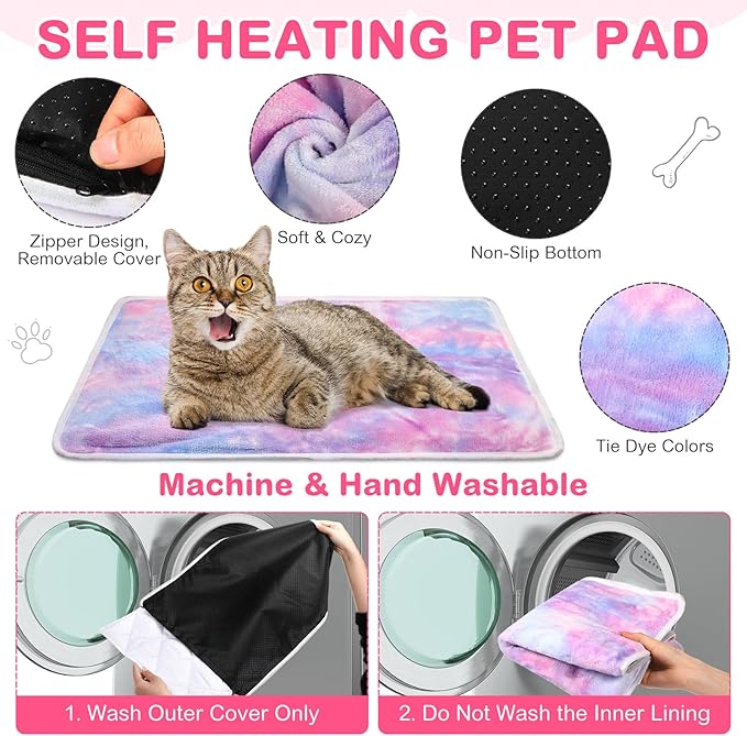 4 Pack Self Heating Cat Bed Cat Self Warming Pad with Removable Cover Extra Warm Thermal Pet Pad Washable Pet Crate Mat Anti Slip Kennel Pad for Indoor Outdoor Pets(Tie Dye,16 x 20 Inches)