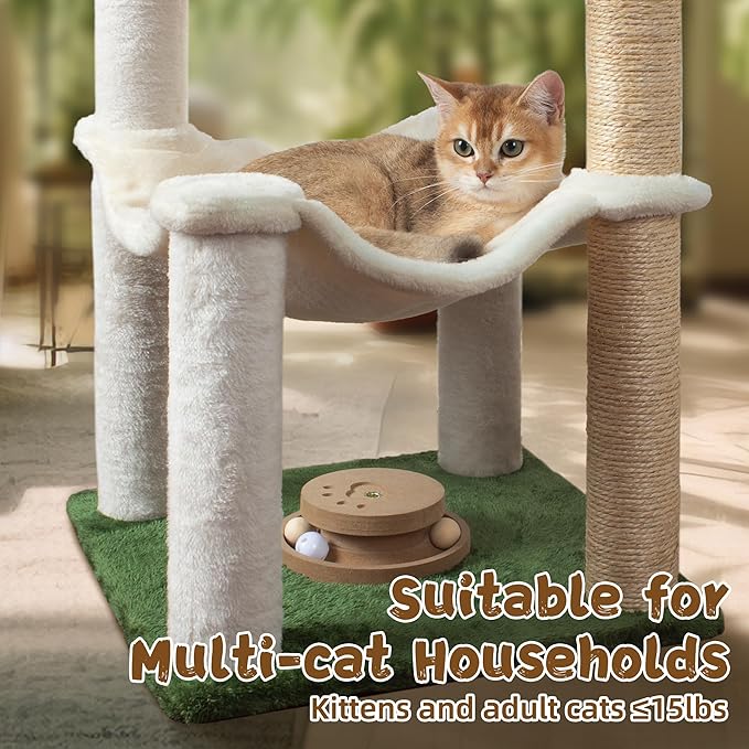 Cat Scratching Post 30 Inches Small Cat Tree Tower with Two Cat Hammock, Double Cat Hammock with Cat Toy Wooden Interactive, Cat Condo for Kitten and Adults Cat