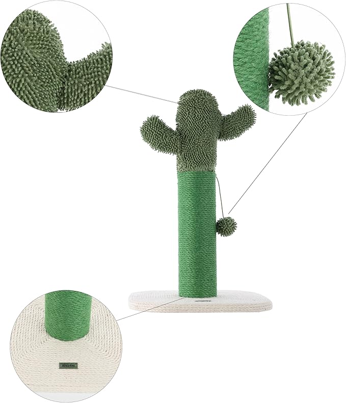 CTR1000A Pecos 21" Modern Jute Cactus Cat Scratching Post with Fuzzy Toy, Green/White