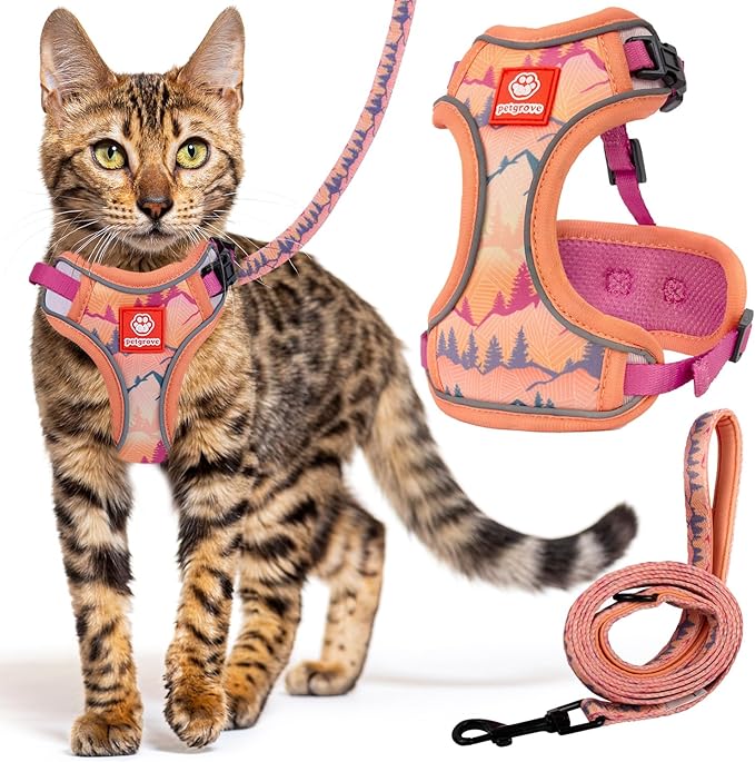 Cat Harness and Leash Set for Walking, Escape Proof Vest Harnesses for Cats, Breathable Mesh with Reflective Strips - (Sienna Mountains), XX-Small