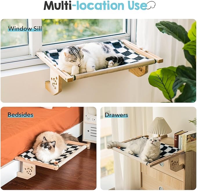 MEWOOFUN Sturdy Cat Window Perch Hammock Bed with Wood & Metal Frame for Cats Easy to Assemble for Windowsill, Bedside, Drawer and Cabinet More (Chessboard, M-22"x 14.5"x 6.7")