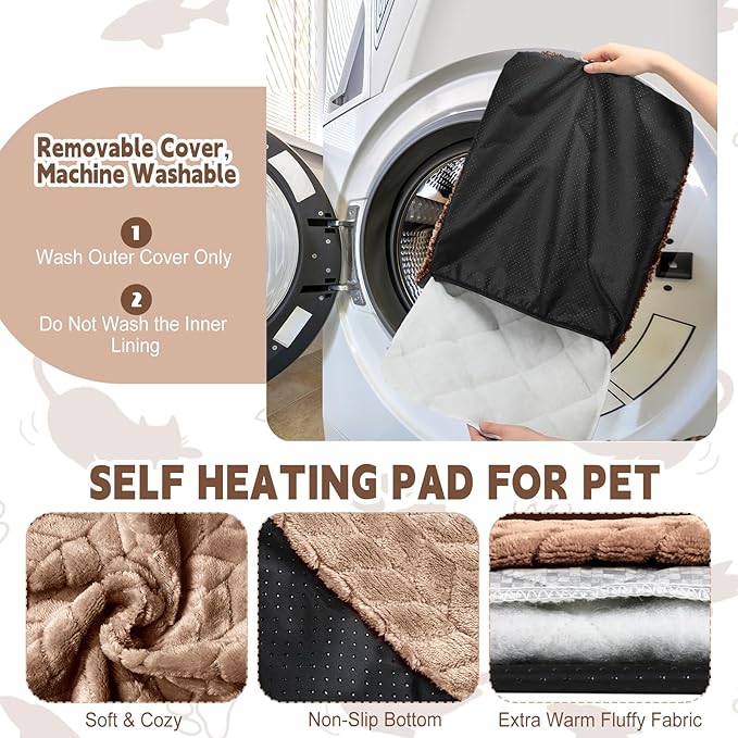 4 Pack Self Heating Cat Pad Self Warming Cat Mat Non Slip Warm Dog Bed Pad Mat Washable Pet Kennel Pad Crate Bed Mat Removable Cover Cat Blanket for Indoor Outdoor(Camel,16 x 20 Inch)