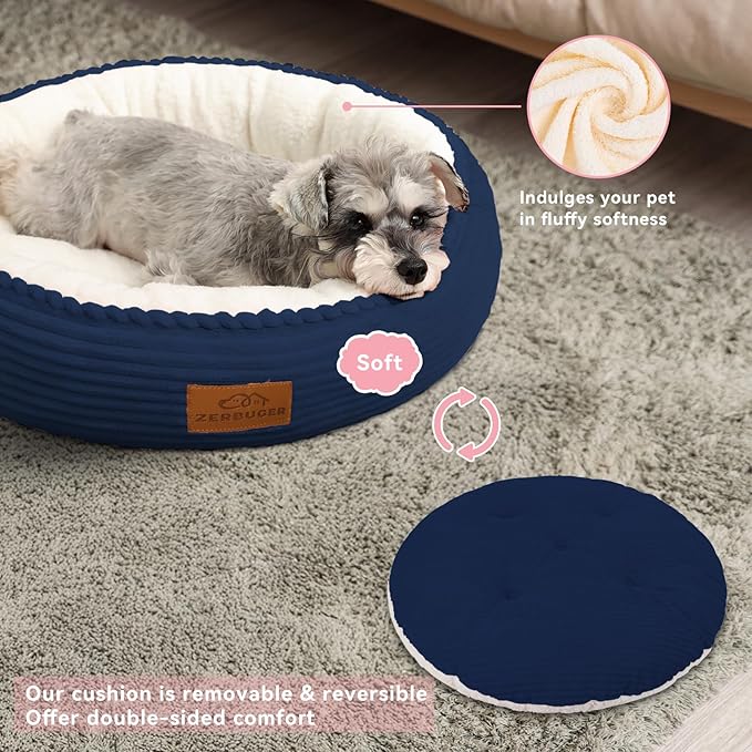30in Round Cat Dog Bed for Large Medium Small Dogs Cats, Machine Washable Sleeping Sofa, Non-Slip Bottom Breathable Soft Calming Pet Cuddler for Indoor/Outdoor/Car/Cage, Navy Blue