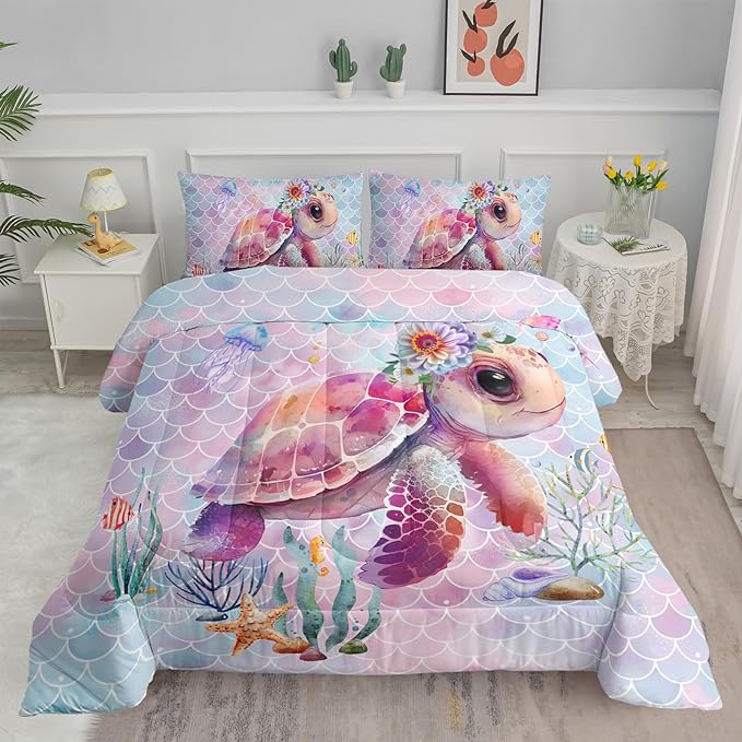 Axolotl Turtle Bedding Set Full,Colorful Underwater World Comforter Set for Kids Boys Girls Teens,Ocean Comforter Set with Jellyfish,Kids Bedding Set Print Colorful Fish Scales,1 Quilt 2 Pillowcases