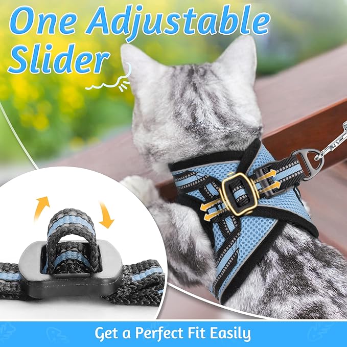 rabbitgoo Cat Harness and Leash Set for Walking Escape Proof, Adjustable Soft Kittens Vest with Reflective Strip for Cats, Comfortable Outdoor Vest, Light Blue, L