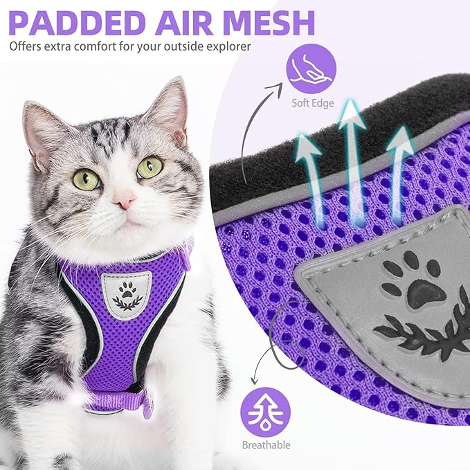 PUPTECK Cat Harness and Leash Set Escape Proof Reflective Cat Walking Harness Adjustable Soft Breathable Mesh Vest for Small Pets, Purple, S