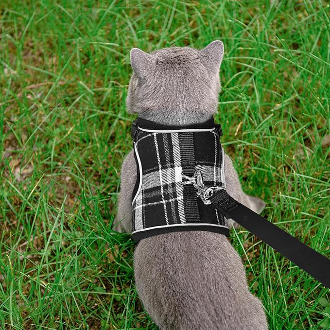 PUPTECK Soft Mesh Cat Vest Harness and Leash Set Puppy Padded Pet Harnesses Escape Proof for Cats Small Dogs Rabbits Bunny, Plaid Black, M