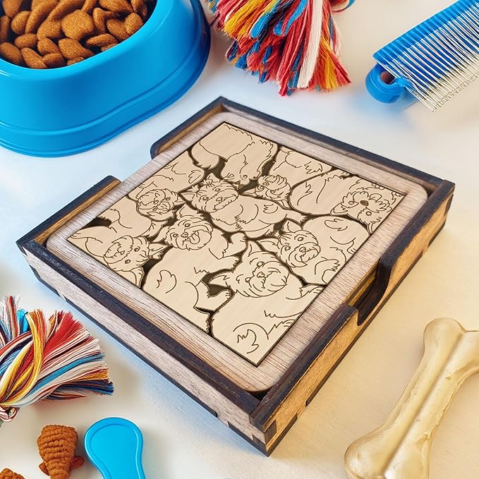 02 Yorkshire Dog Coaster - Yorkie Dog Puzzle Wooden Coaster Set - Interlocking Jigsaw Drink Mats with Laser-Cut Design for Yorkshire Terrier Lovers (Yorkshire Dog)