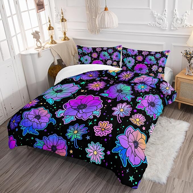 Axolotl Neon Floral Bedding Set Queen,Gradient Floral Comforter Set for Girls,Colorful Flower Bedding Set Stars,Galaxy Series Comforter for Kids Boys Girls Teens Adults,1 Quilt 2 Pillowcases,Black