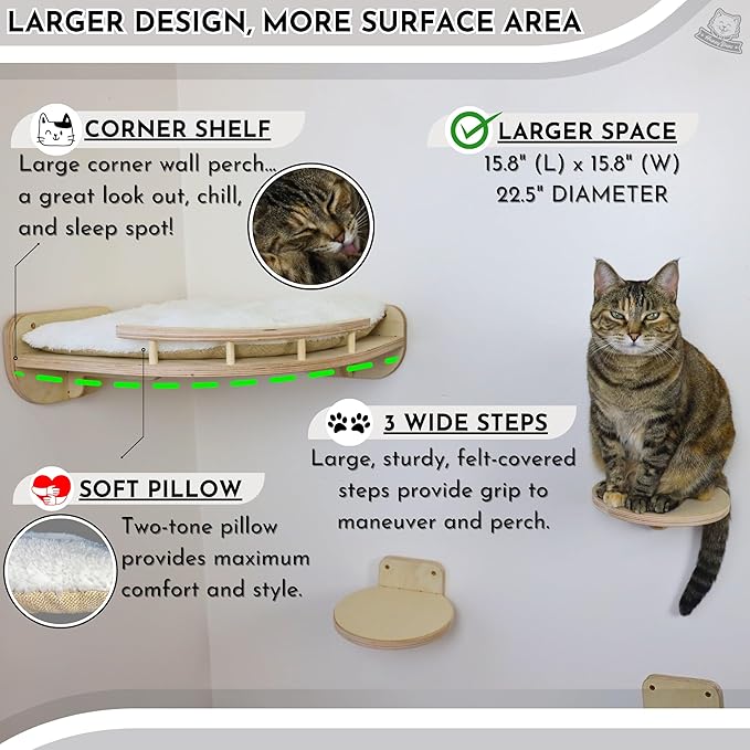 Cat Wall Shelves - Large Cat Shelves w/Pillow + 3 Wide Steps, Cat Wall Furniture, Cat Shelves for Wall, Cat Climbing Wall | Cat Shelf, Cat Wall Steps, Cat Tree, Cat Window Perch