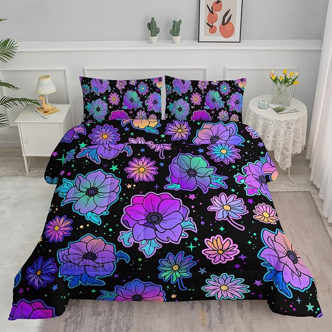 Axolotl Neon Floral Bedding Set Twin,Gradient Floral Comforter Set for Girls,Colorful Flower Bedding Set Stars,Galaxy Series Comforter for Kids Boys Girls Teens Adults,1 Quilt 2 Pillowcases,Black