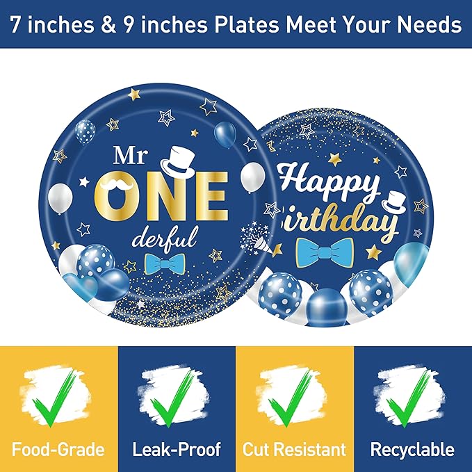 96 Pcs Blue Party Plates and Napkins Decorations Tableware Set Supplies Disposable Paper Dessert Birthday Table Dinnerware Favors Set, Serves 24 Guests