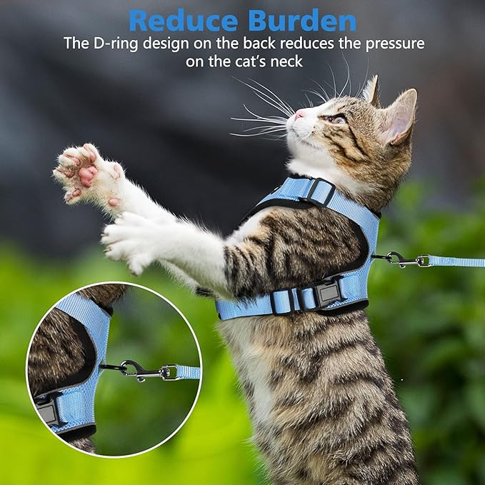 Dooradar Cat Harness and Leash Set, Escape Proof Safe Adjustable Kitten Vest Harnesses for Walking, Easy Control Soft Breathable Mesh Jacket with Reflective Strips for Cats, Light Blue, S
