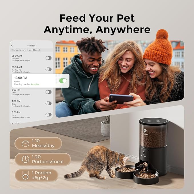 Automatic Cat Feeder for 2 Cats: Dual Feeder with 2.4G WiFi Remote Control, HD Camera, 2-Way Audio, Timed Auto Pet Feeding for Multiple Cats- Detachable & Easy to Clean with Desiccant Bag