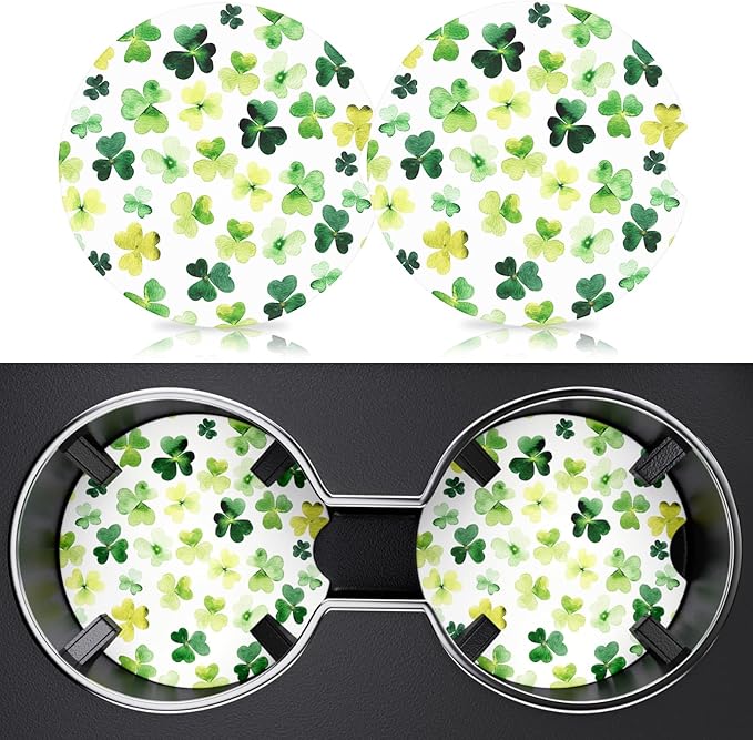 2 Pack Car Cup Holder Coaster, 2.63 inch Anti Slip Insert Absorbent Ceramic Car Coaster with Cork Base and Finger Notch, Cute Car Accessories Interior for Women, Cute Car Coasters., Clover