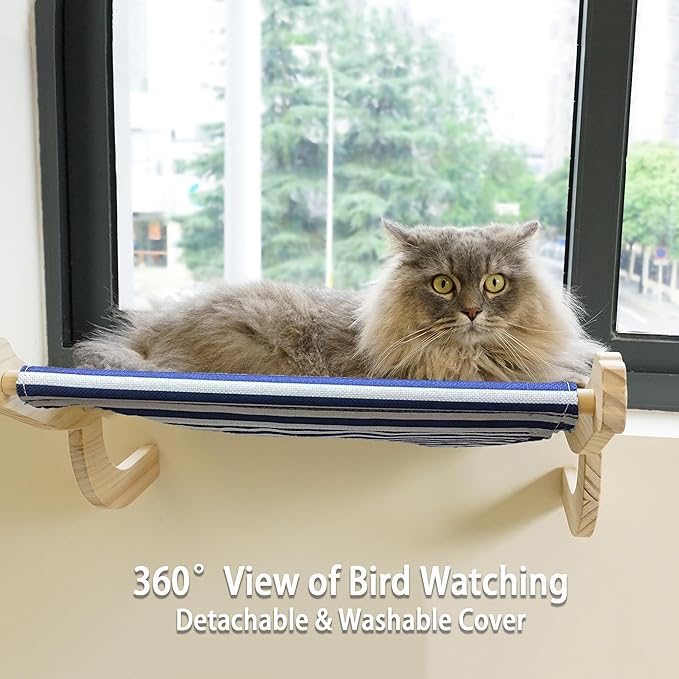 PETKARAY Cat Window Perch, Adjustable Cat Hammock for Windowsill, Indoor Window Shelves and Seat, Window Perch for Large Cats, Blue Stripe