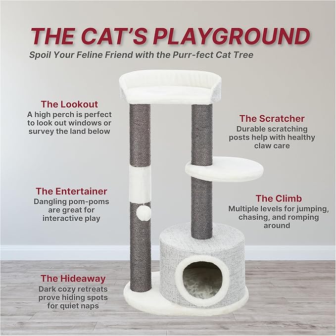 TRIXIE Pilar Cat Scratching Post 39.4 Inch - with Durable Sisal Rope (Gray) and Condo, Two Platforms, Top Platform with Backrest & Dangling Cat Toy - in Gray