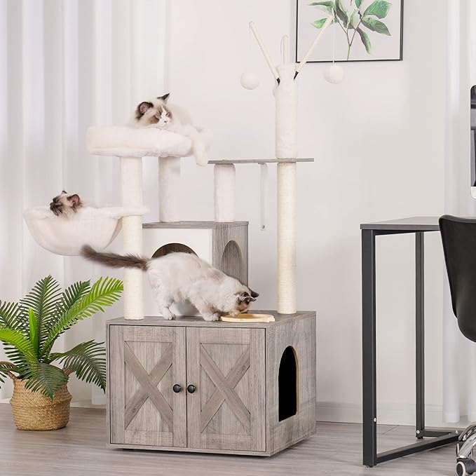 Heybly Cat Tree, Wood Litter Box Enclosure with Food Station, All-in-one Indoor Cat Furniture with Large Platform and Condo, Modern Style Cat Tower, Hammock, Rustic Brown HCT102SG