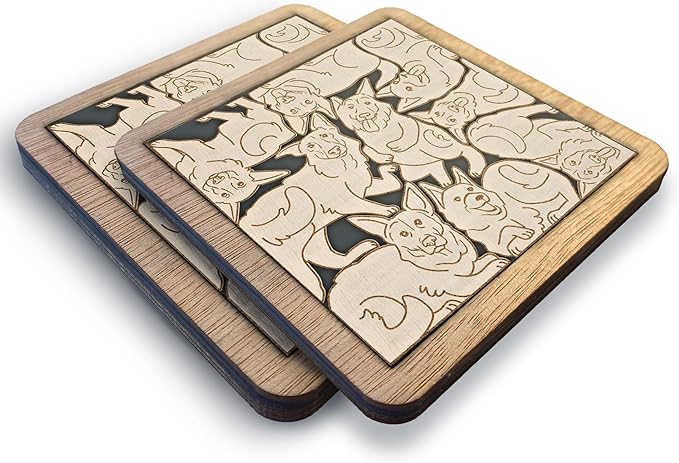 02 German Shepherd Dog Coaster - German Shepherd Dog Puzzle Wooden Coaster Set - Interlocking Jigsaw Drink Mats with Laser-Cut Design for German Shepherd Lover