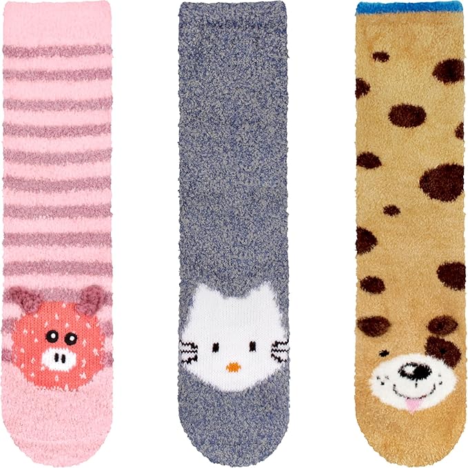 BambooMN Super Soft Warm Cute Animal Face Non-Slip Fuzzy Crew Winter Home Socks, Value Pack