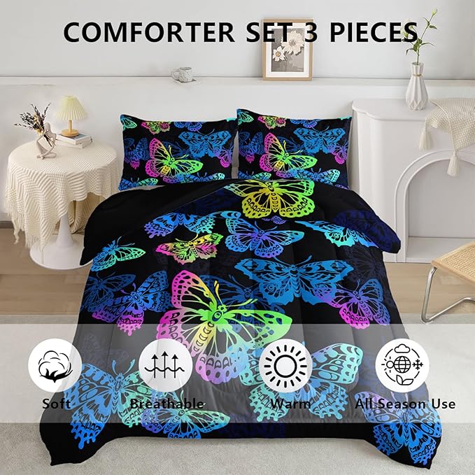 Axolotl Colorful Butterflies Bedding Set,Full Size Kids Bed Set,Gradient Butterfly Comforter Set,1 Quilt with 2 Pillowcases for Boys Girls Kids Teens Children Adults Room Decor All Season,Black