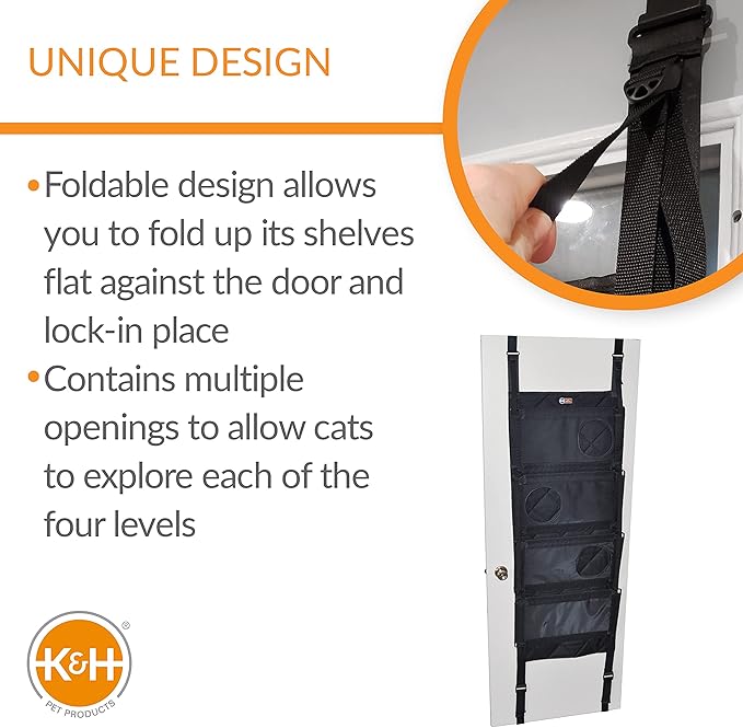 K&H PET PRODUCTS Hangin’ Cat Tree - Door Mounted Climber Cat Wall Perch Furniture Cat Hammock for Indoor, Hanging / Elevated Bed - 4 Story Gray 12 X 22 X 65 Inches