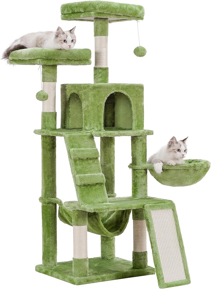 Heybly Cat Tree, Cat Tower for Indoor Cats,Multi-Level Cat Furniture Condo for Cats with Padded Plush Perch, Cozy Basket and Scratching Board Smoky Green HCT014GR
