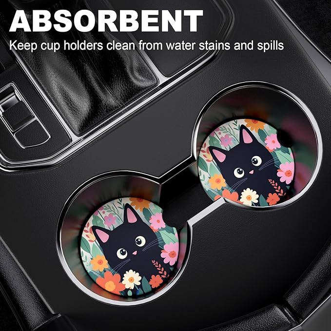 2 Pack Car Cup Holder Coaster, 2.63 inch Anti Slip Insert Absorbent Ceramic Car Coaster with Cork Base and Finger Notch, Cute Car Accessories Interior for Women, Cute Car Coasters., CH0025
