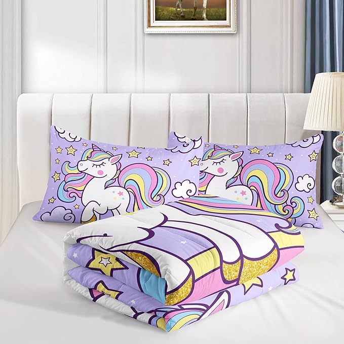Axolotl Rainbow Unicorn Bedding Set Queen,Purple Unicorn Kids Comforter Sets with Stars Cloud for Girls,1 Quilt with 2 Pillowcases for Girls Kids Teens Children Adults Bedroom Decor All Season