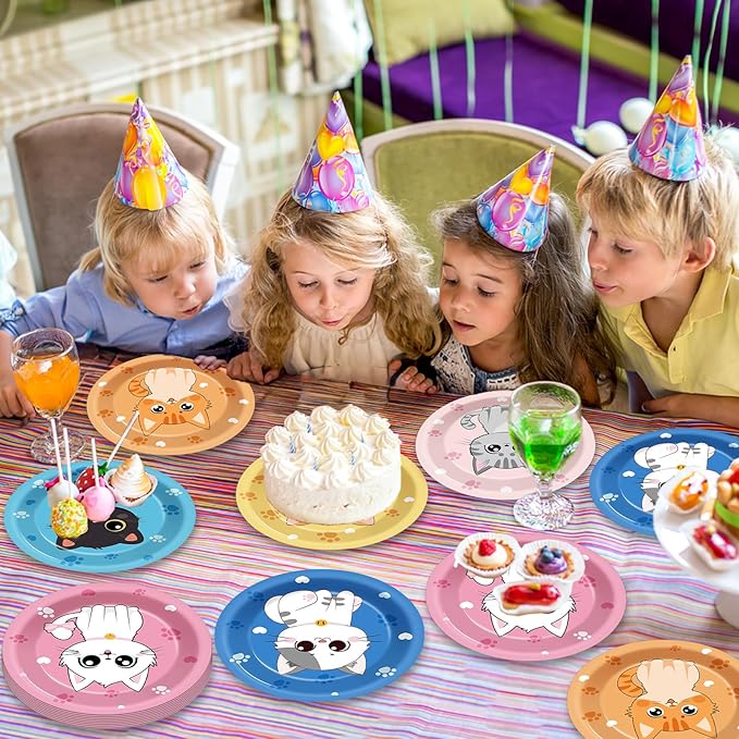 48Pcs 7" Cat Theme Party Paper Plates Kitten Dessert Birthday Supplies Kids Girls Birthday Dinner Table Decorations Cat Paw Disposable Dinnerware Plates for Baby Shower Party Favors