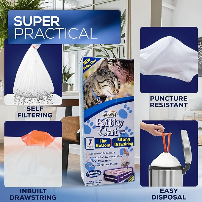 Alfapet Self Sifting Cat Litter Box Liners, Set of 21, Flat Base, XL Design, With Inbuilt Drawstrings, Fits Large Trays, Reinforced, 36 in x 18 in