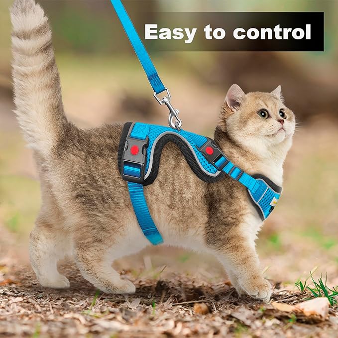 Cat Harness and Leash for Walking, Retractable Cat Harnesses and Leash Set Escape Proof, Breathable Soft Kitten Harness Small Large Cat Harness for Travel Training and Walking, Blue, XS