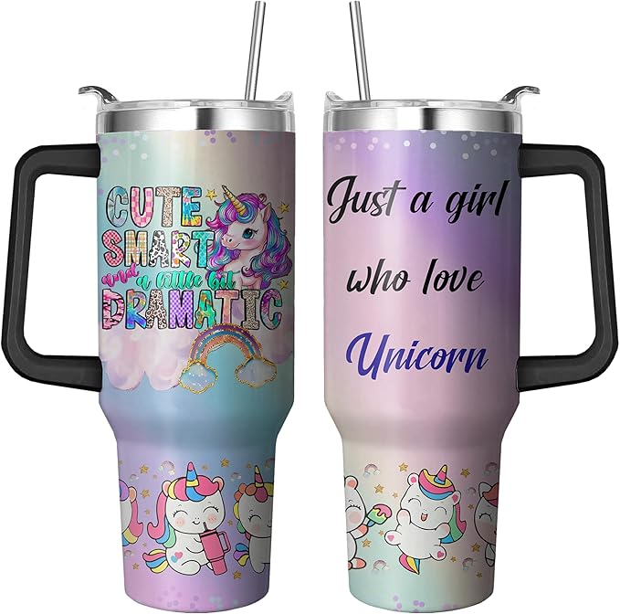 40 Oz Unicorn Tumbler with Handle and Straw, Unicorn Cup Double Wall Stainless Steel Unicorn Mug, Leak Proof Unicorn Water Bottles for Girls, 40 Oz Unicorn Insulated Cup and Unicorn Gifts for Women
