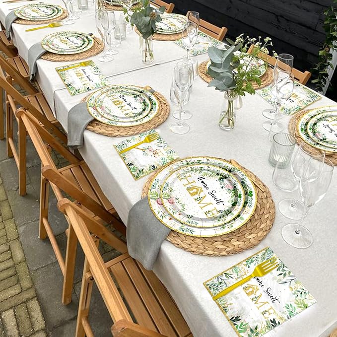 96PCS House Warming Party Decorations Home Sweet Home Tableware Set Rustic Floral Paper Plates Napkins Dinnerware Dessertware Forks Serves 24