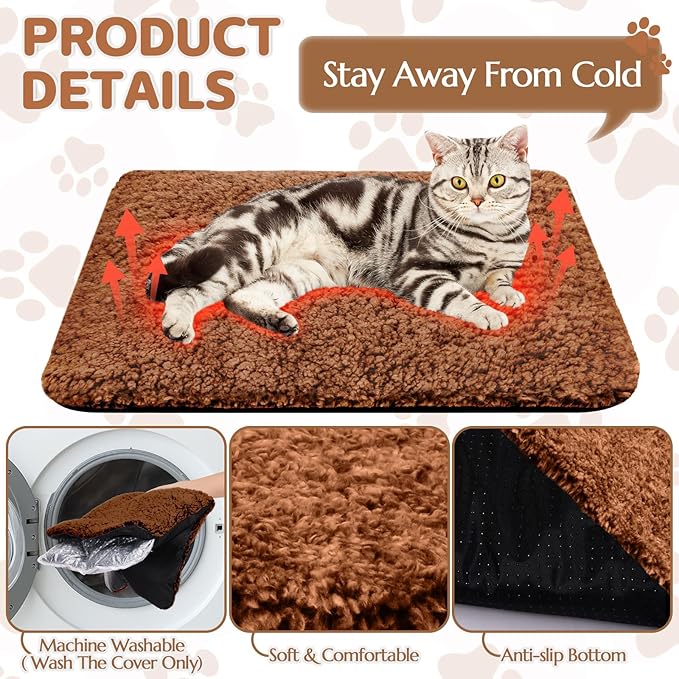 1 Pack Self Warming Cat Bed Pad Self Heating Cat Mat 16 x 20 Inch Cat Warmer Bed Mat for Feral and Indoor Cats Washable Thermal Cat Mat Pet Kennel Pad with Anti-Slip Bottom (Brown)