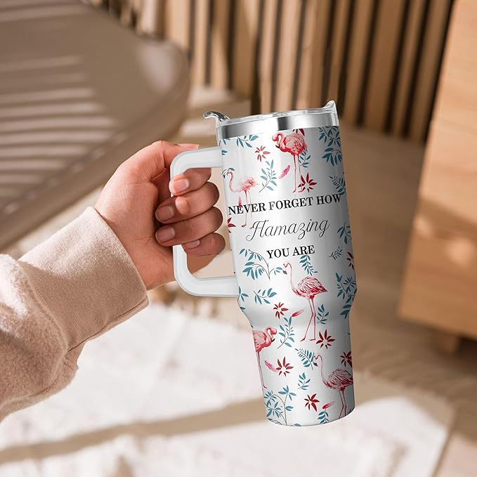 40 Oz Flamingo Tumbler with Handle and Straw, Flamingo Cup Double Wall Stainless Steel Flamingo Mug, Insulated Flamingo Coffee Cup, 40 Oz Flamingo Drinking Cup as Flamingo Gifts for Women