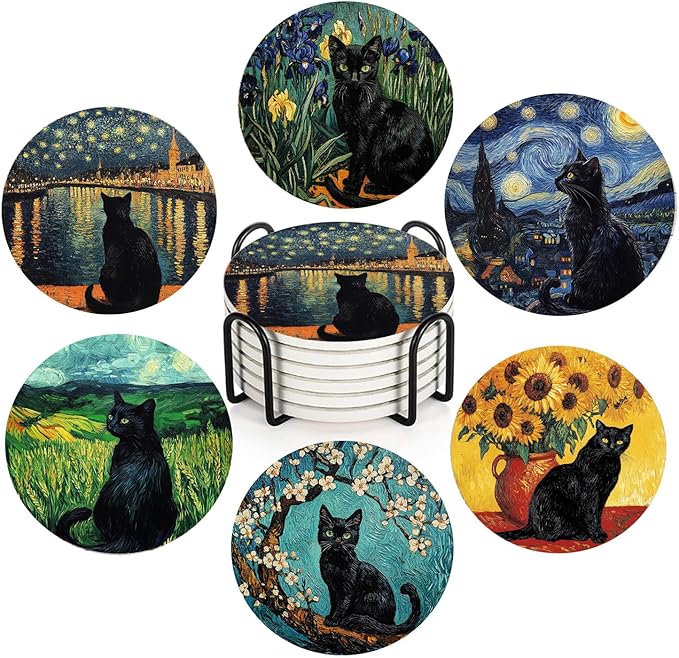 6 Pcs Black Cat and Van Gogh Art Coasters for Drinks,Round Absorbent Ceramic Coaster with Metal Holder, Starry Night Sunflower Irises Flower Cat Coaster with Cork Base for Coffee Party Gifts