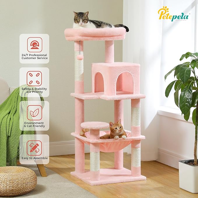 PETEPELA 45.7" Cat Tree for Indoor Cats, 5-Level Cat Tower for Large Cats with Metal Frame Large Hammock (17.3"x15.3"), Cat Condo with (18.5"x13") Big Top Perch & 4 Sisal Covered Scratching Post, Pink