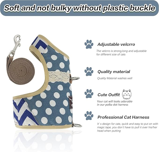 Cat Harness and Leash for Walking Escape Proof, Adjustable Cat Vest Harness, Padded Stylish Cat Walking Jackets, Polka Dot Blue, X-Small