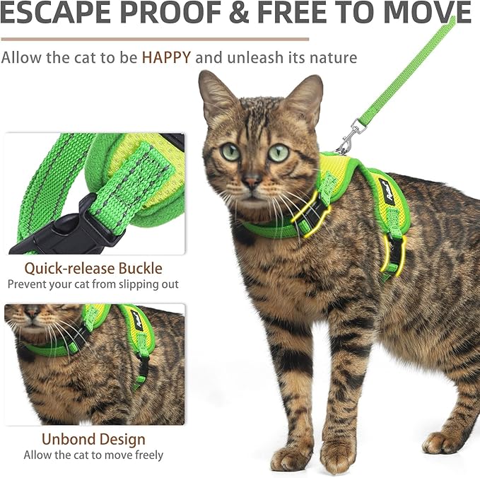 PUPTECK Cat Harness and Leash Set Escape Proof, Reflective Adjustable Soft Mesh Kitten Vest Harness for Walking Travel, Green, M