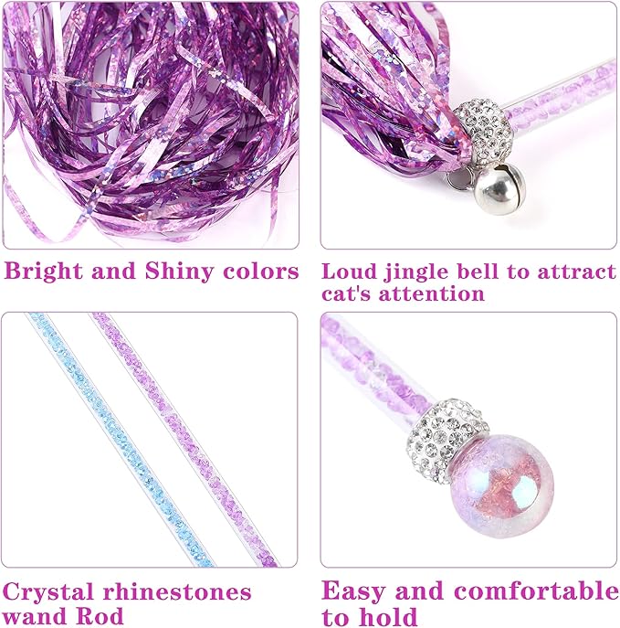2PCS Cat Wand Toy, Interactive Cat Toy with Shiny Tassel and Loud Jingle Bell, Crystal Beaded Crown Cat Feather Replacements for Indoor Cats Kitten Play Chase Exercise, 26 Inch Long