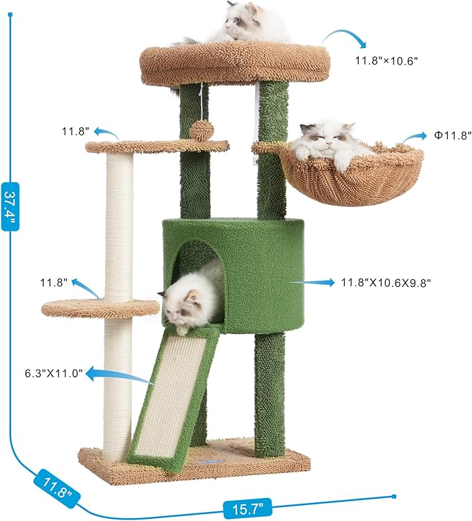 Hey-brother Cat Tree with Scratching Board, Cat Tower with Padded Plush Perch and Cozy Basket, Multi-Platform for Jump, Green and Yellow MPJ005GY