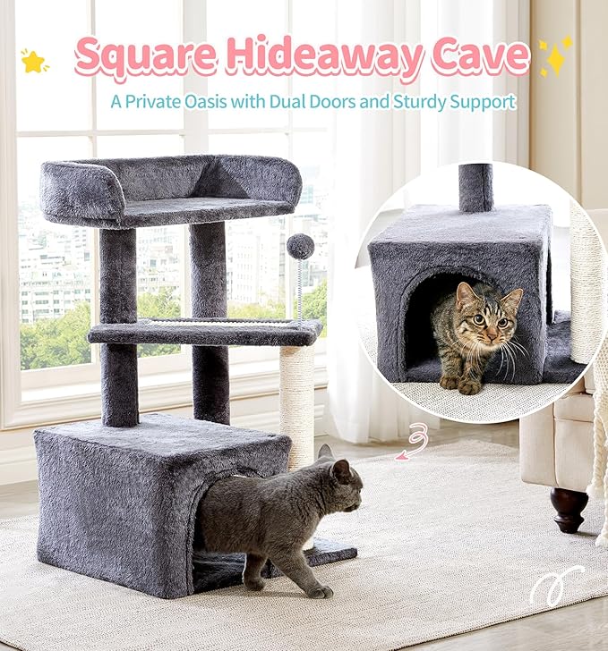 Made4Pets Cat Tree, Multi-Level Small Cat Tower for Indoor Cats, 29" Tall Cute Kitten Scratcher Condo with Sisal Scratching Post and Pad Steps, Plush Cat Cave with Pom-Pom for Small Kitty, Dark Grey