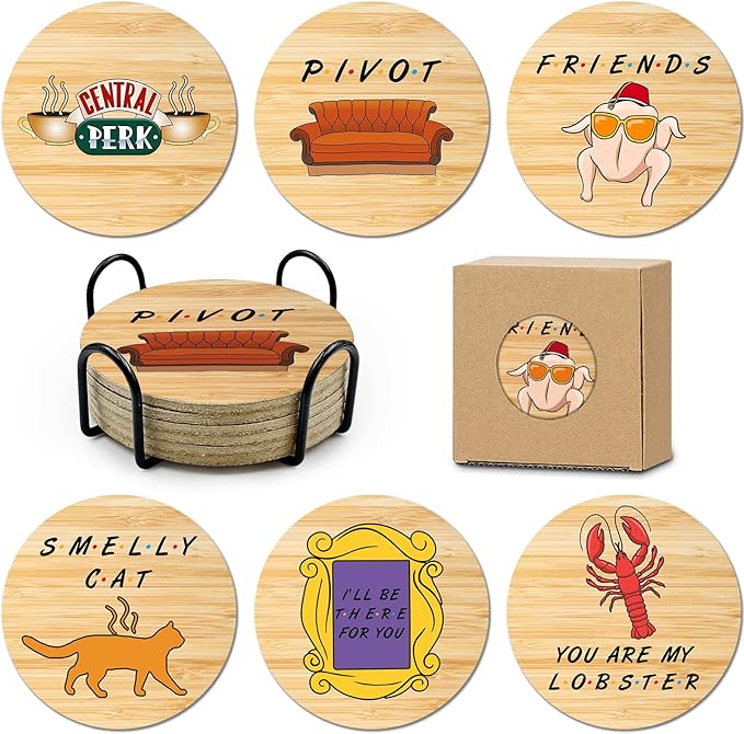 6 PCS Friends Cork Coasters for Drinks,Friends TV Show Merchandise,Funny Coasters Set with Coaster Holder for Coffee Table Tea Table bar,Friend TV Themed Gifts for Fans