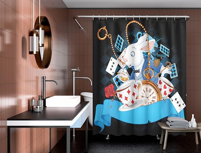 Ambesonne Alice in Wonderland Shower Curtain, Rabbit Motion Cups Hearts and Flower Character Alice Cartoon Style, Cloth Fabric Bathroom Decor Set with Hooks, 69" W x 70" L, Dark Blue Charcoal Grey